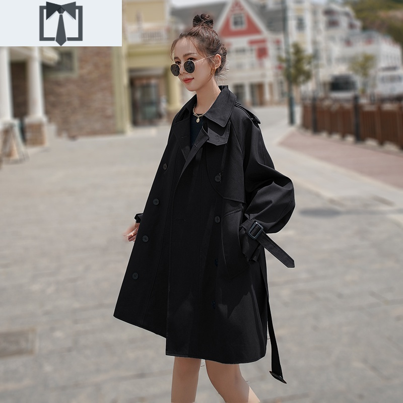suntek黑色风衣女秋装2020年新款中长款小个子气质流行赫本风大衣薄