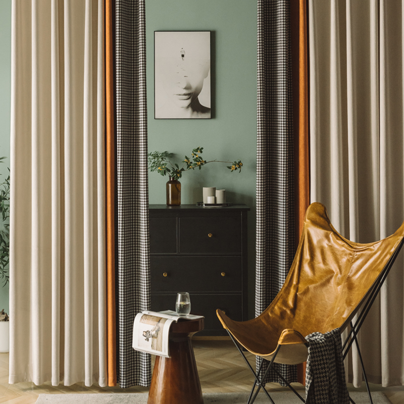 添福运 轻奢风遮光窗帘北欧简约现代千鸟格雪尼尔挂钩窗帘加厚打孔窗帘飘窗客厅帘子遮阳布纯色轻奢遮光布卧室挂钩窗帘 千鸟格黑拼橙色 【韩式款】宽3.0*2.7高*单片