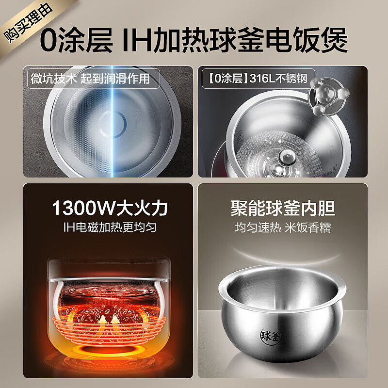 苏泊尔(SUPOR)电饭煲0涂层球釜IH加热大容量4升3-4人家用不锈钢蒸煮炖煲汤多功能智能电饭锅SF40HC2984高清大图