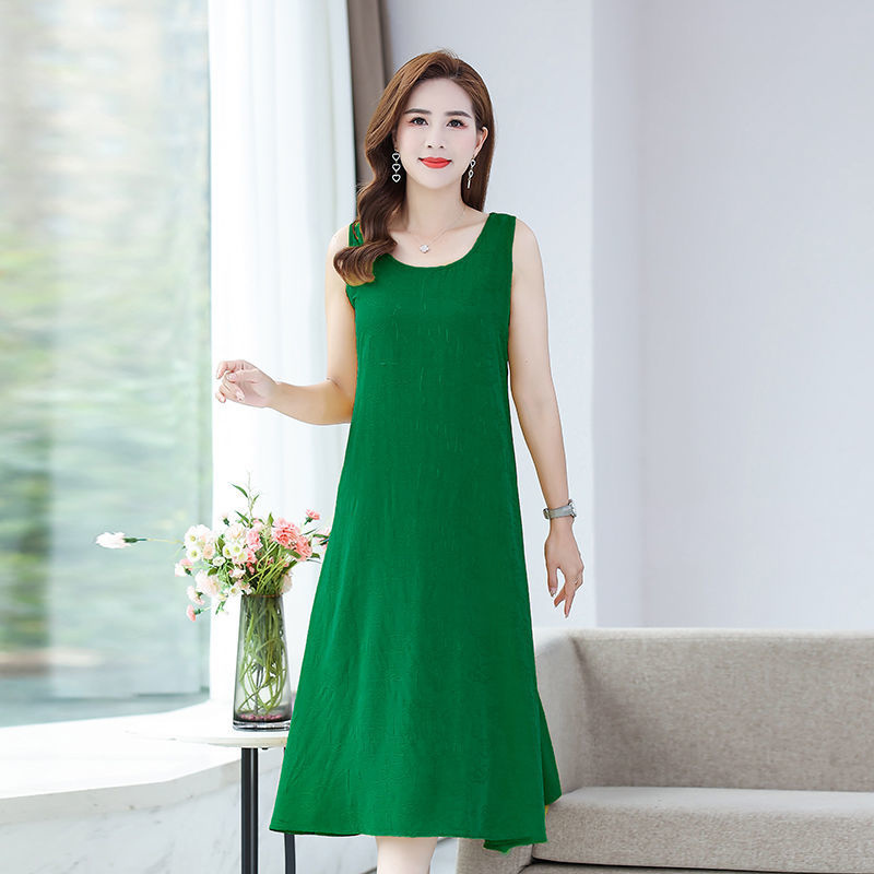 雪暖夏季纯色简约宽松裙子中老年妈妈女背心裙打底连衣裙40岁50岁
