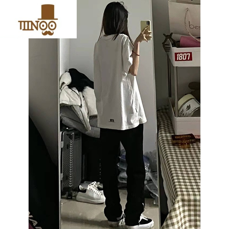 YANXU毛巾刺绣潮牌运动裤女男宽松卫裤开叉直筒裤显瘦百搭休闲长裤子秋
