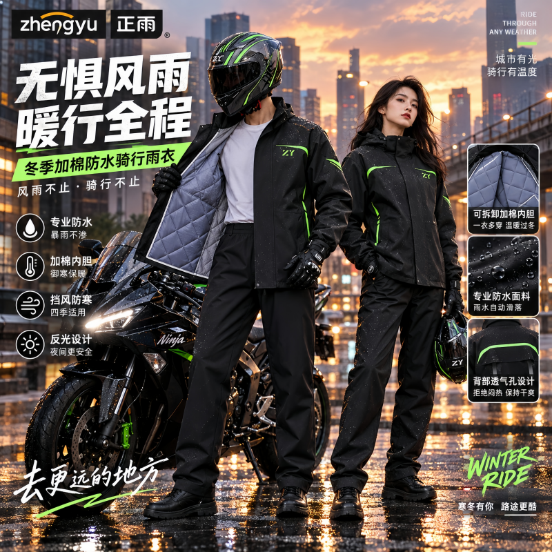正雨冬季骑行防寒服加绒加厚雨衣外卖骑手分体式男款摩托车防暴雨9063高清大图