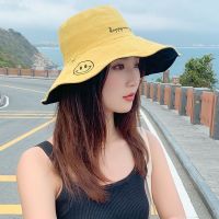 遮阳帽女夏季日系空顶大檐沿渔夫太阳帽韩版潮百搭紫外线防晒帽子 [大帽檐-笑脸款]-黄+黑