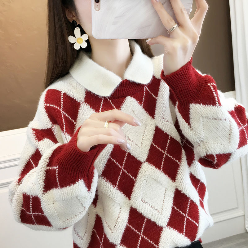 冬季加厚菱形毛衣女紫色秋冬外穿2023新款红色针织宽松打底衫高清大图