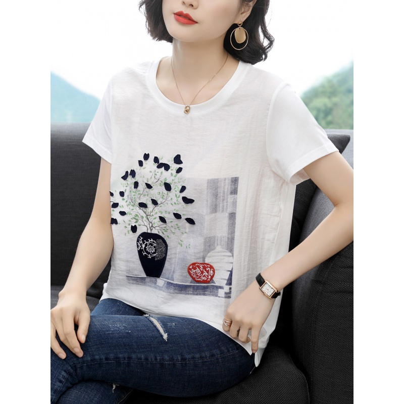 追记纯棉女装碎花宽松短袖t恤女上衣大码中年妈妈半袖t桖