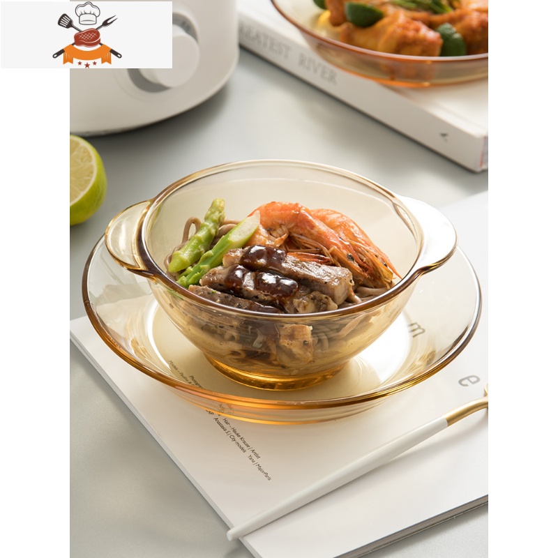 双耳碗玻璃茶色碗碟套装水果沙拉碗家用耐热早餐泡面碗吃饭碗餐具 敬平 2只茶色餐盘(耐热100度)高清大图