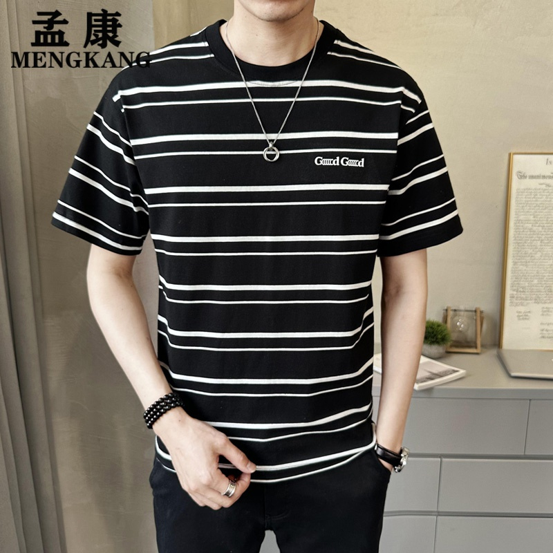孟康mengkang夏季新款潮流圆领条纹短袖t恤男士棉质韩版微阔打底衫