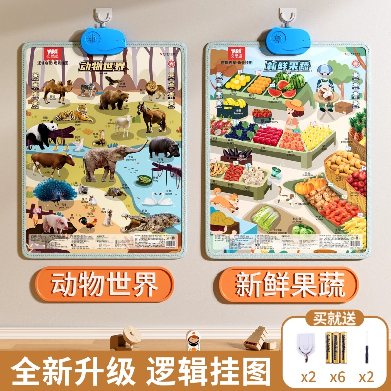 婴儿消耗体力玩具6个月以上宝宝早教有声挂图磨耳朵女孩8益智礼物 2套【动物+果蔬】