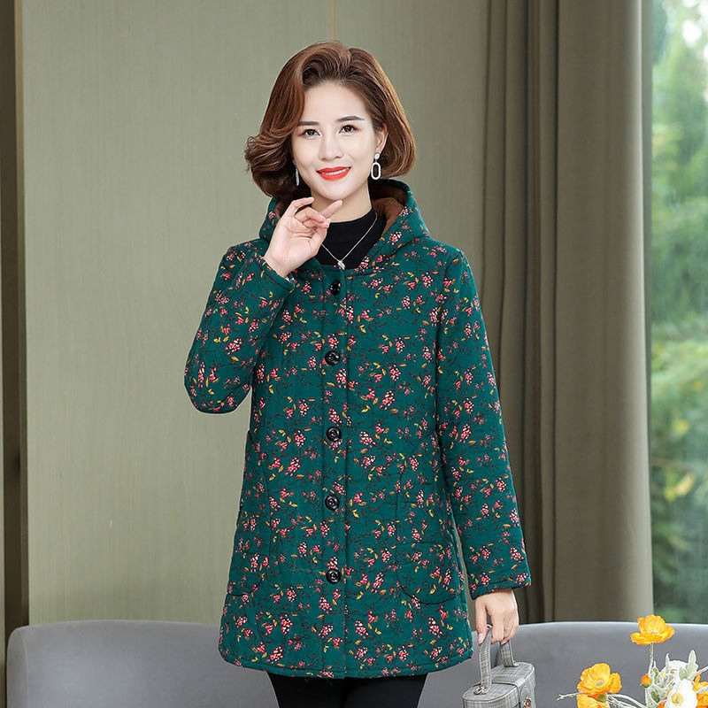 雪暖冬季复古洋气小碎花加绒棉衣妈妈女宽松保暖棉服中老年人外套