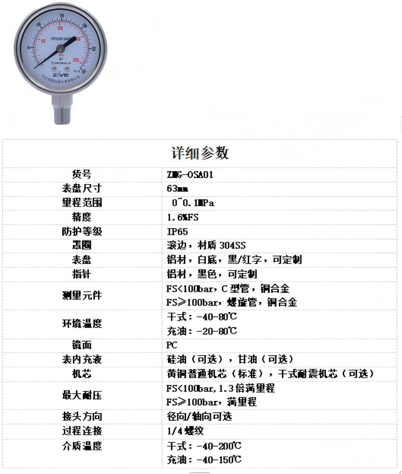 ZIVE 304全不锈钢压力表 ZMG-OSA01(下单备注轴向、径向)个高清大图