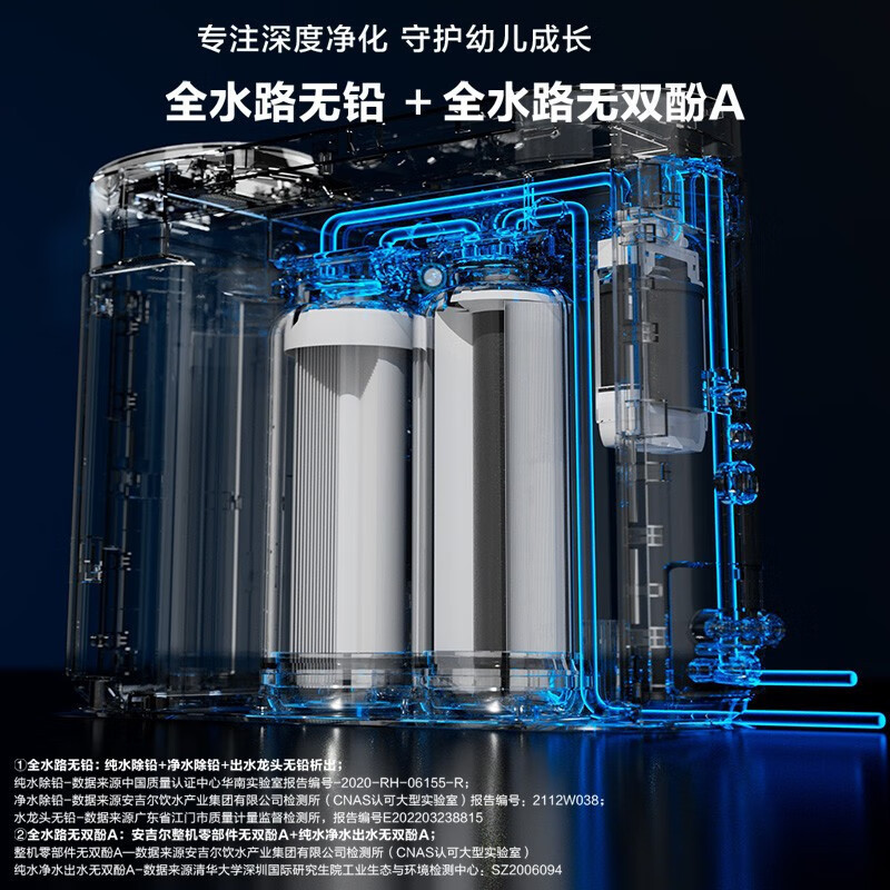 安吉尔哪吒Pro2000净水器家用前置过滤器RO反渗透净水机厨下式管线机(J2806-ROB90+3316+3218)