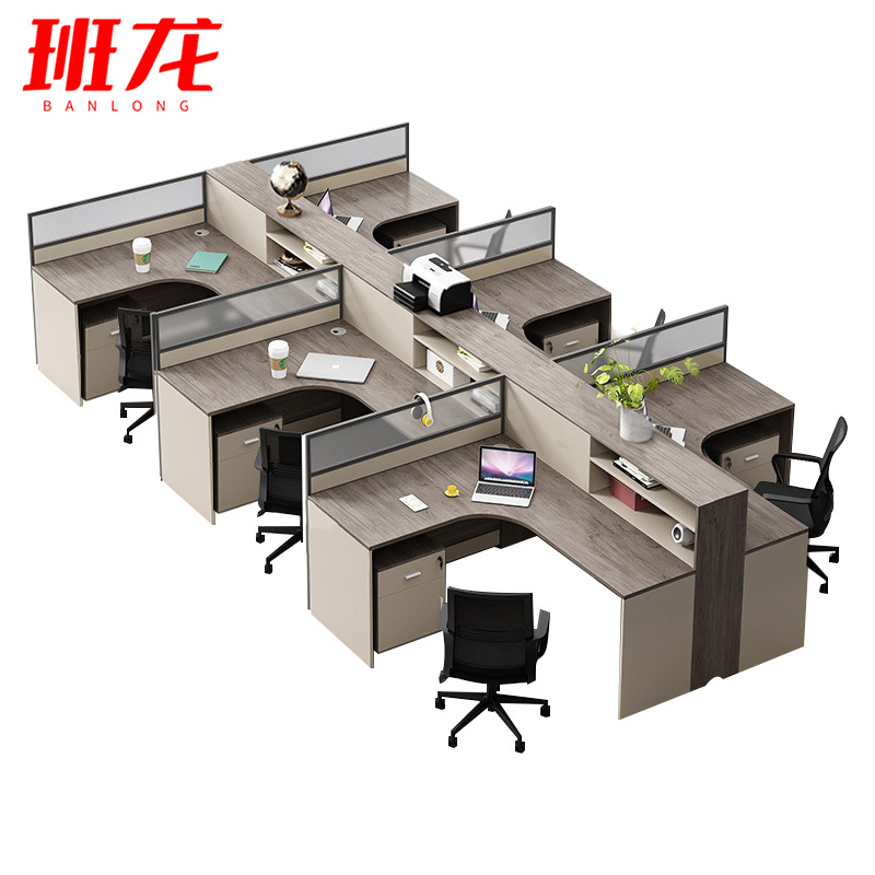 班龙办公电脑桌六人位+柜+椅套高清大图