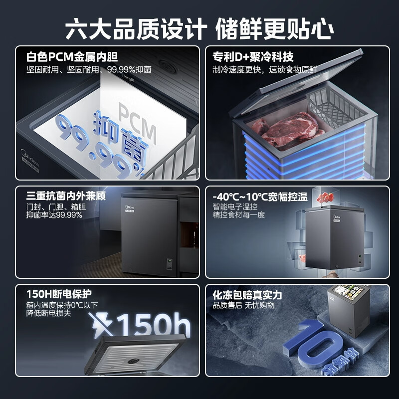 美的深冻系列142L单温家用冰柜零下40度超低温小型冷柜冷冻柜冷藏柜卧式冰箱BD/BC-142KEM(E)国家补贴高清大图