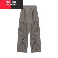 YIBUSHENG美式高街复古工装裤牛仔裤女季高腰宽松阔腿休闲裤直筒裤长裤古 S 灰绿色