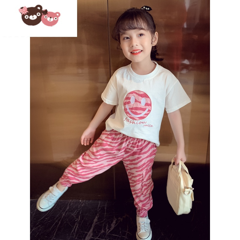 绿彩虹光女童休闲套装夏装2022新款儿童洋气卡通T恤上衣工装裤两件套女孩