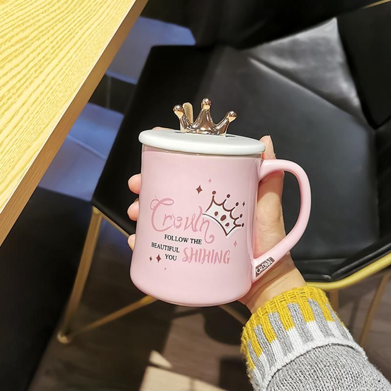 好看的水杯可爱学生杯子少女办公室家用马克杯带盖勺高颜值ins风 粉杯-星星皇冠