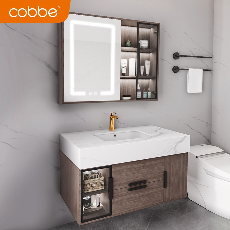 卡贝轻奢岩板一体盆浴室柜组合卫生间洗手池洗脸盆洗漱台盆柜定制