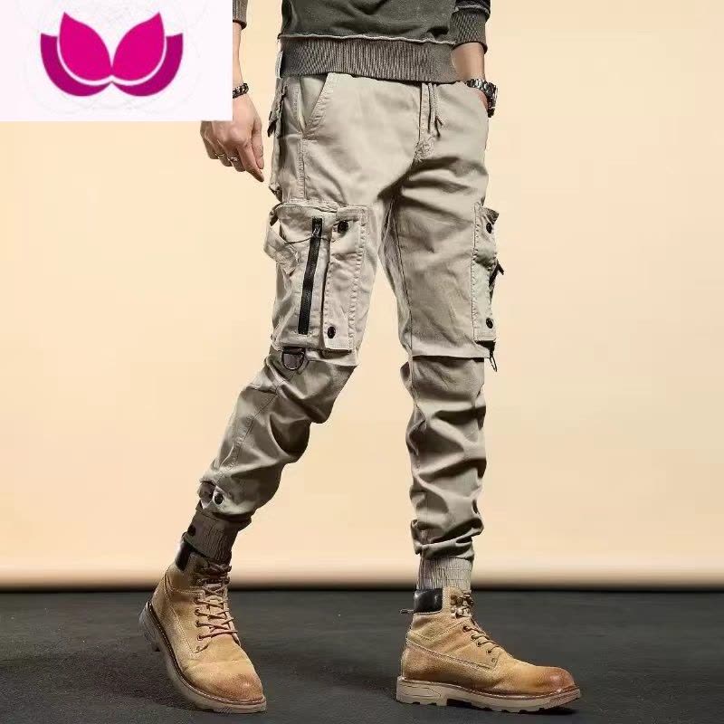 七斓美式复古卡其工装裤男潮牌修身小脚束脚裤战术裤九分休闲裤子图片