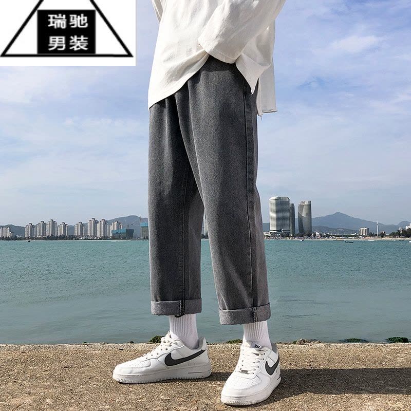 希杰狮王松紧腰牛仔裤男夏季薄款宽松直筒阔腿裤子男士潮牌港风高街九分裤图片