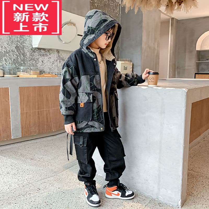 可莉允男童秋冬牛仔加绒外套2022新款洋气中大儿童冬季棉服加厚冲锋衣潮图片