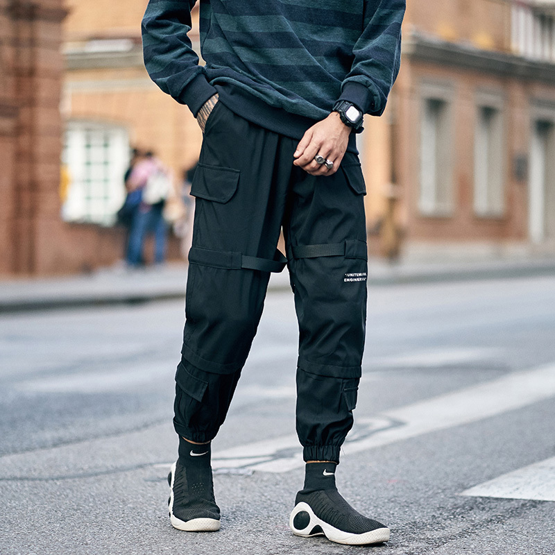 yuansu炉品日系工装束脚裤男秋季休闲裤宽松简约潮流魔术贴哈伦裤小脚