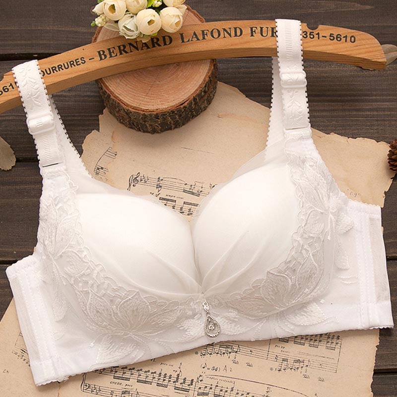 夏季薄款白色内衣女无钢圈聚拢小胸薄厚款文胸少女士胸罩四排扣 白色
