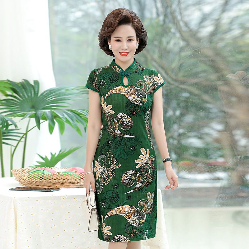 妈妈夏季新款短袖旗袍连衣裙中长款时尚中老年女中国风显瘦旗袍裙 1号
