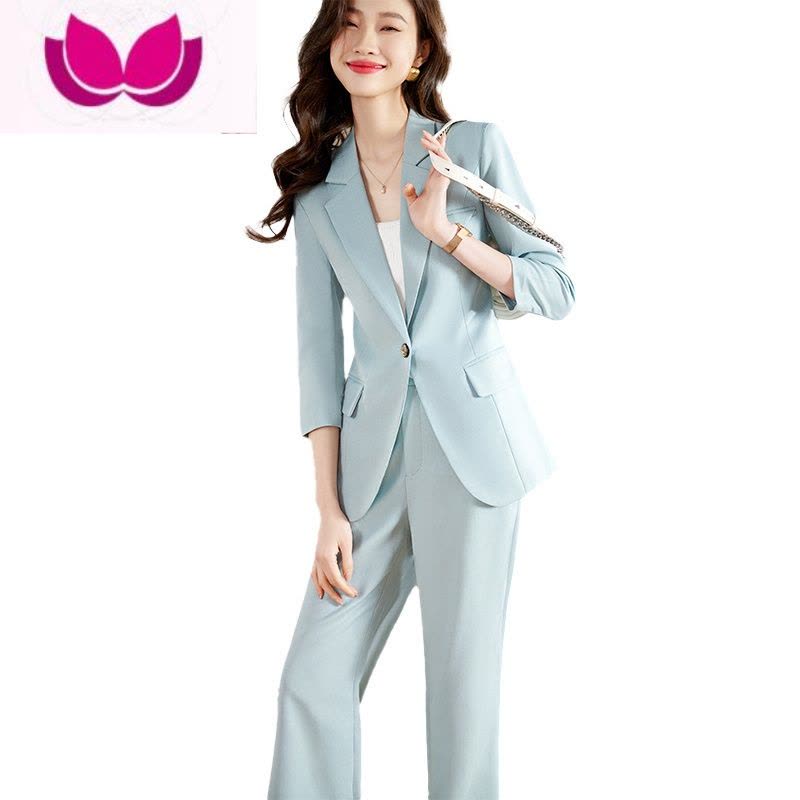 七斓高级感蓝色休闲西装套装女夏季韩版职业装时尚气质阔腿裤西服套装图片
