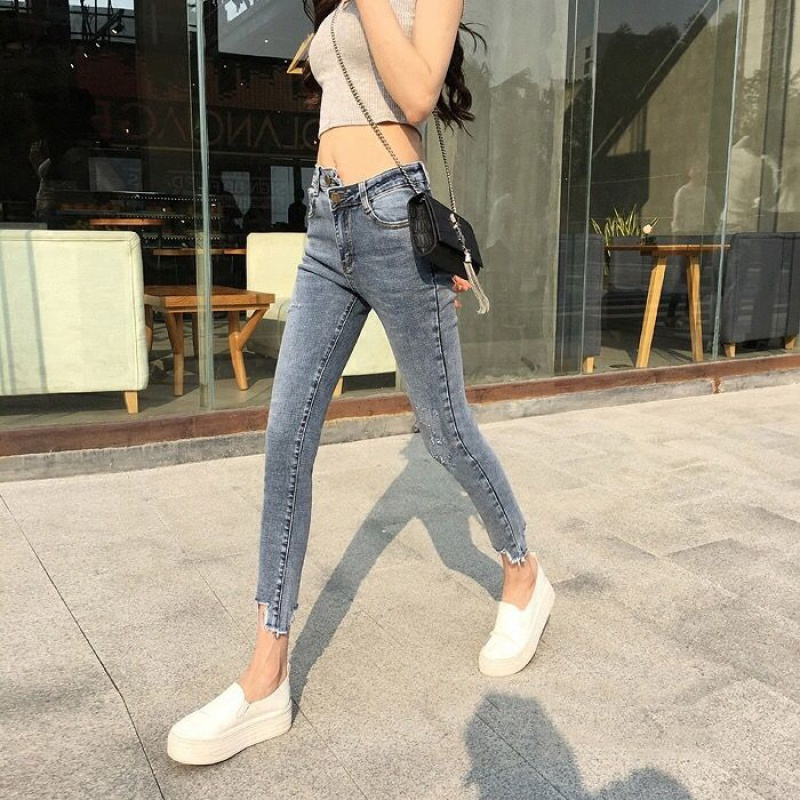 莆兮思puxisi2019春夏女装高腰弹力牛仔裤女小脚裤长裤子铅笔裤九分裤修身显瘦