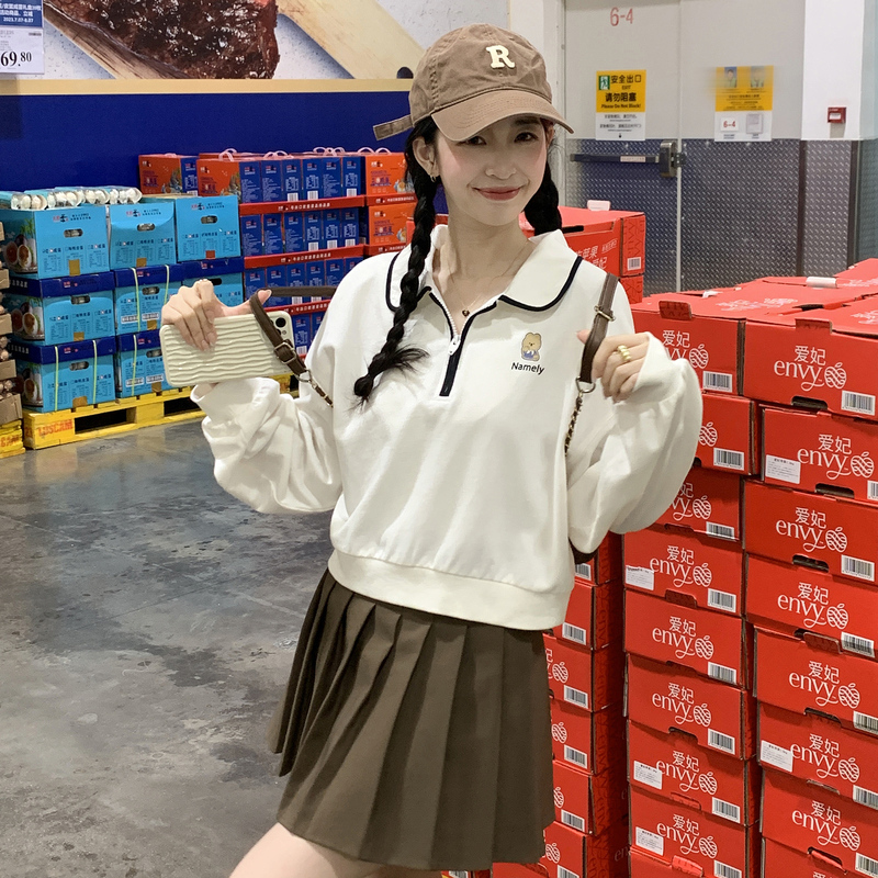 [1.5折价57元]唐狮春秋polo衫女设计感翻领长袖卫衣短款小个子减龄上衣潮流