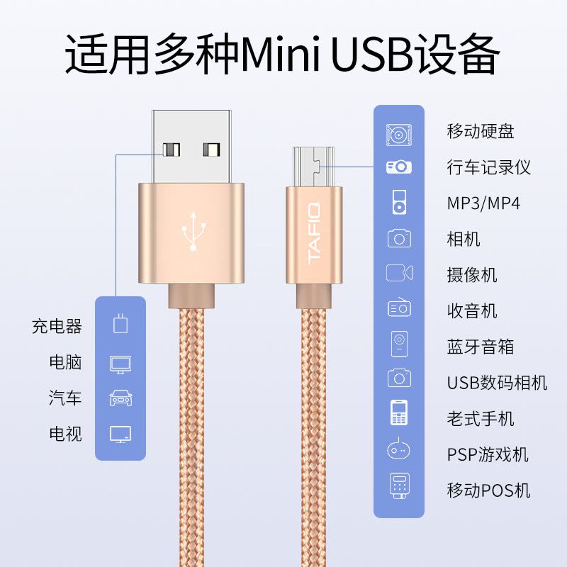 mini usb数据线t型口mp3转接头三星移动硬盘mp4车载行车记录仪收音机相机通用v3老式口老年手机电源充电器线图片