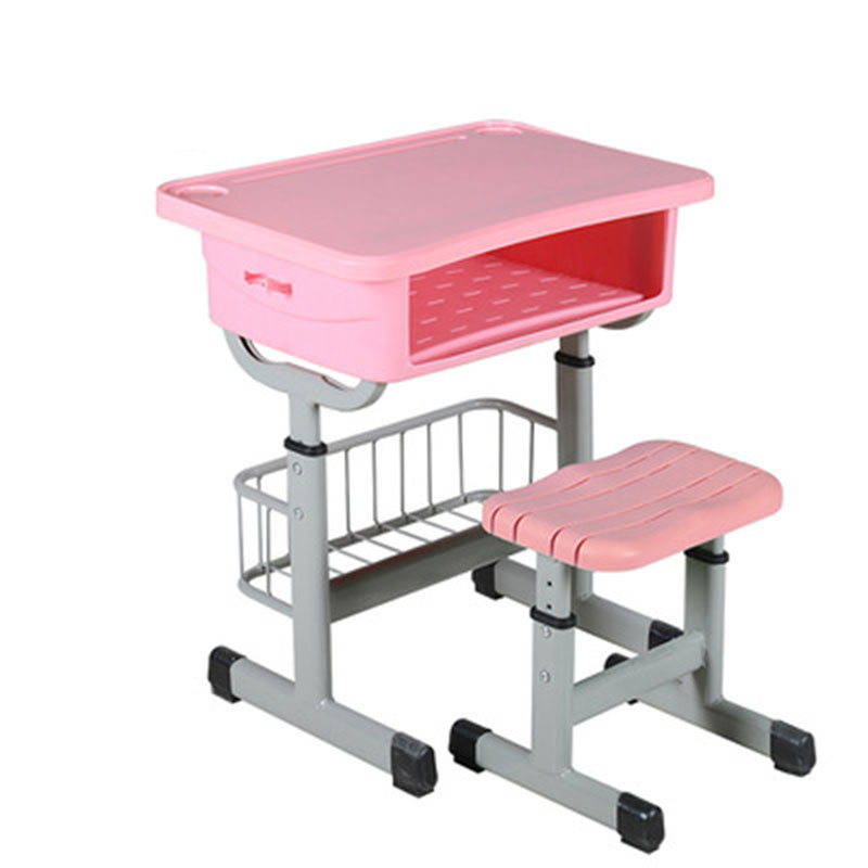 铭威盾中小学生培训补习班学习桌学校写字桌套管升降塑钢课桌椅 带篮套管方凳粉色
