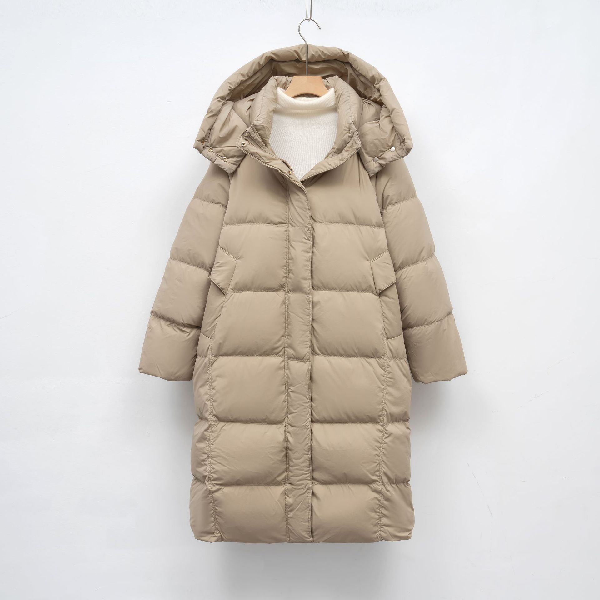 冬季中长款韩宽松面包服休闲外套白鸭绒保暖连帽羽绒服女 卡其色 L