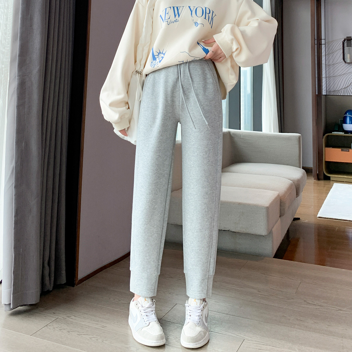 唐狮运动裤加绒加厚2023新款女秋冬季针织宽松卫裤子束脚裤休闲裤_703873 L 中麻灰