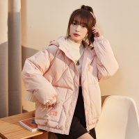 唐狮|冬季连帽短款羽绒服女日系潮流宽松菱形格宽松加厚 裸粉色 L