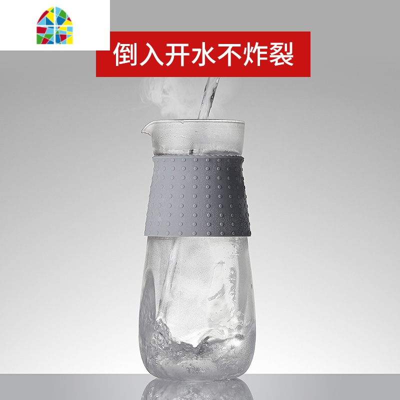冷水壶玻璃耐热高温防爆家用透明大容量果汁扎壶凉水瓶套装 FENGHOU (加厚)壶1850ml+4杯+竹茶盘凉水壶