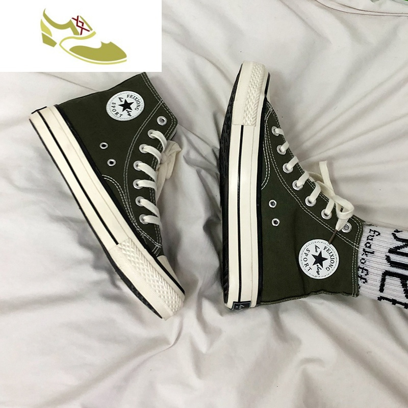 喻娄品牌1970s港风高帮帆布鞋橄榄绿男鞋韩版潮流百搭ins超火原宿透气