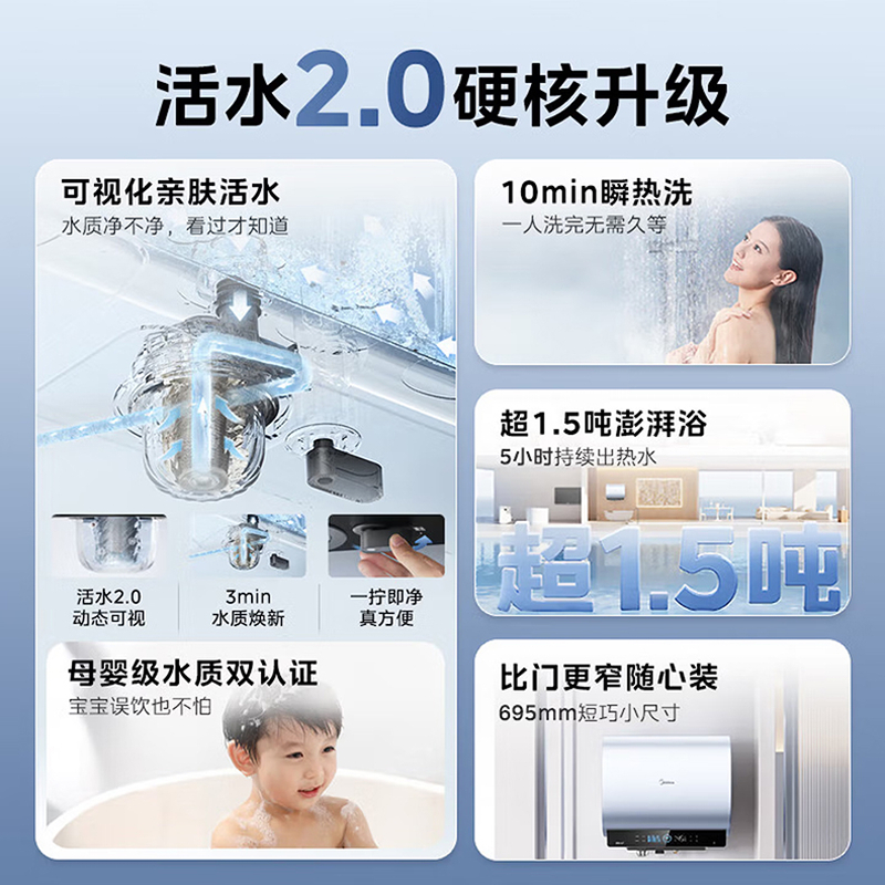 美的(Midea)电热水器活水超薄双胆扁桶60升3300W变频水电分离一级能效 活水升级2.0 UD10Max高清大图