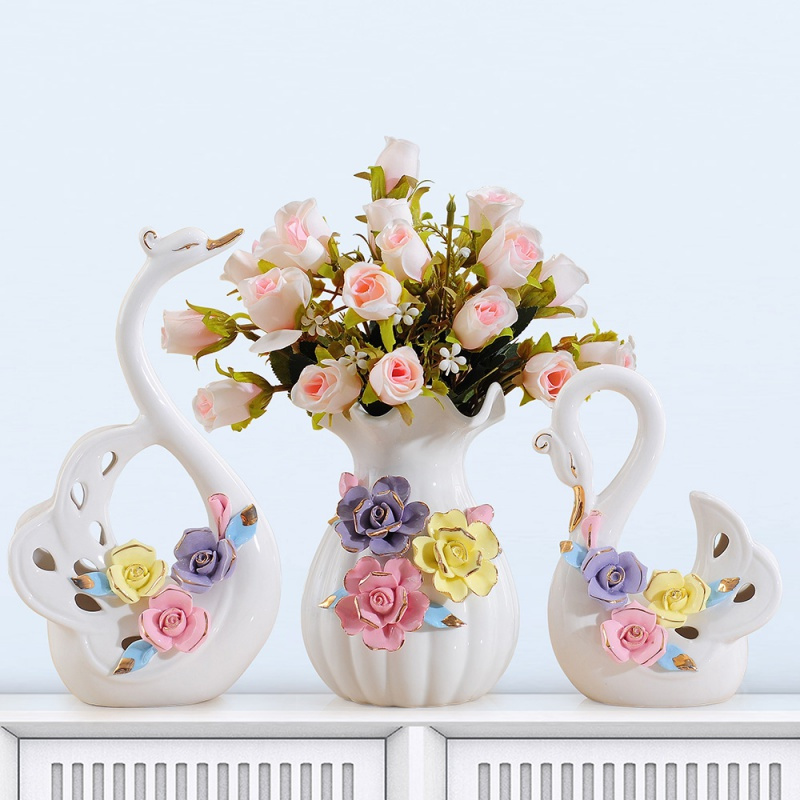 花瓶天鹅摆件陶瓷欧式创意客厅酒柜装饰品结婚电视柜玄关房间 三维工匠 小号财福象+花瓶+玫瑰花