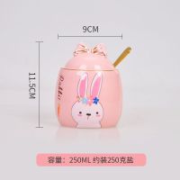 家用厨房用品陶瓷调味罐三件套调料罐糖盐味精辣椒罐组合套装可爱 萌兔:粉红-单罐(配金勺)