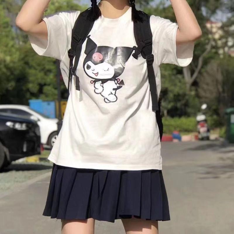夏季新款日系可爱库洛米卡通印花宽松百搭圆领短袖女闺蜜上衣ins 白色(一件装) S 60-70斤
