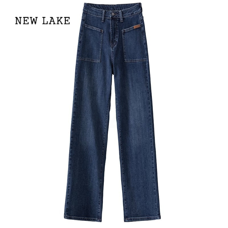 NEW LAKE软牛仔直筒裤窄版阔腿裤春秋夏款大码宽松显高弹力高腰女裤送腰带