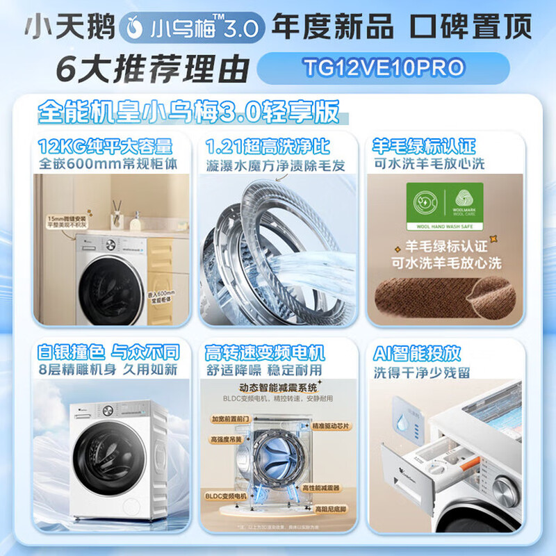 小天鹅(LittleSwan)小乌梅3.0轻享版 滚筒洗衣机全自动 12KG纯平大容量 水魔方TG12VE10PRO高清大图
