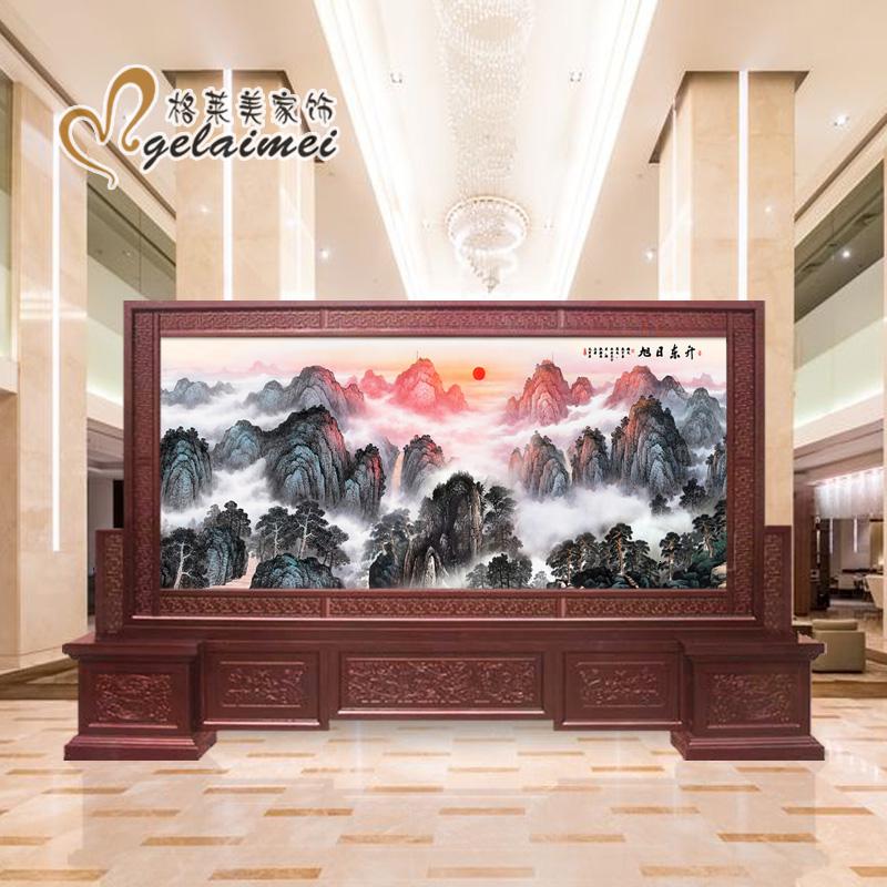 BONJEAN中式实木刻屏风隔断客厅办公室酒店公司大厅山水迎客松屏风高清大图