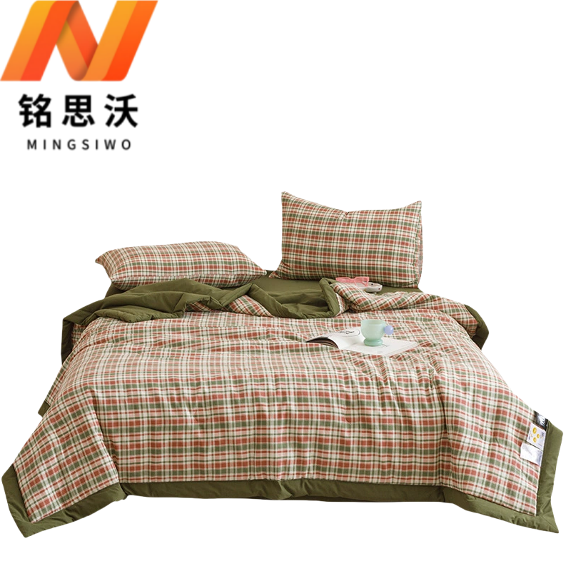 铭思沃夏被四件套1.5*2.0米床 绿格 套高清大图
