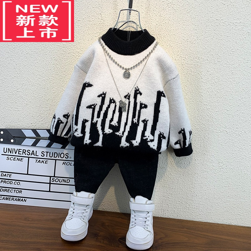 可莉允男童加绒毛衣秋冬款2022新洋气小童宝宝针织打底冬季儿童加厚线衣