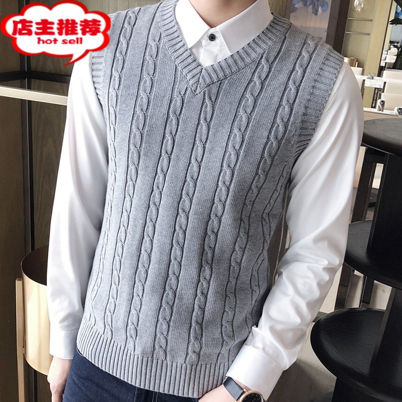 shanchao男士背心针织衫套头麻花毛衣加绒加厚打底无袖坎肩线衣潮