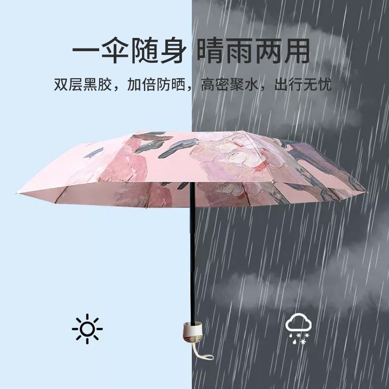 米奇喵三折双层油画黑胶8骨UV紫外线遮阳防晒伞太阳晴雨两用折叠单层粉高清大图
