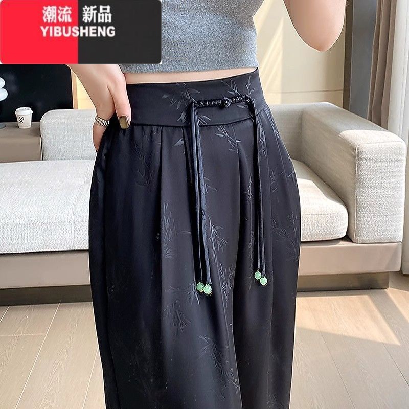YIBUSHENG新中式国风提花缎面阔腿裤女季2024新款冰丝休闲裤小个子加2 L建议109-118斤 黑色常规款推荐156-165cm