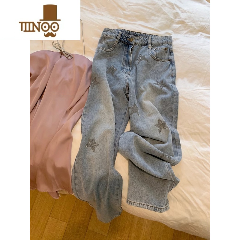 YANXU复古港味别致星星烫钻高腰直筒牛仔裤男女宽松显瘦设计感阔腿裤子